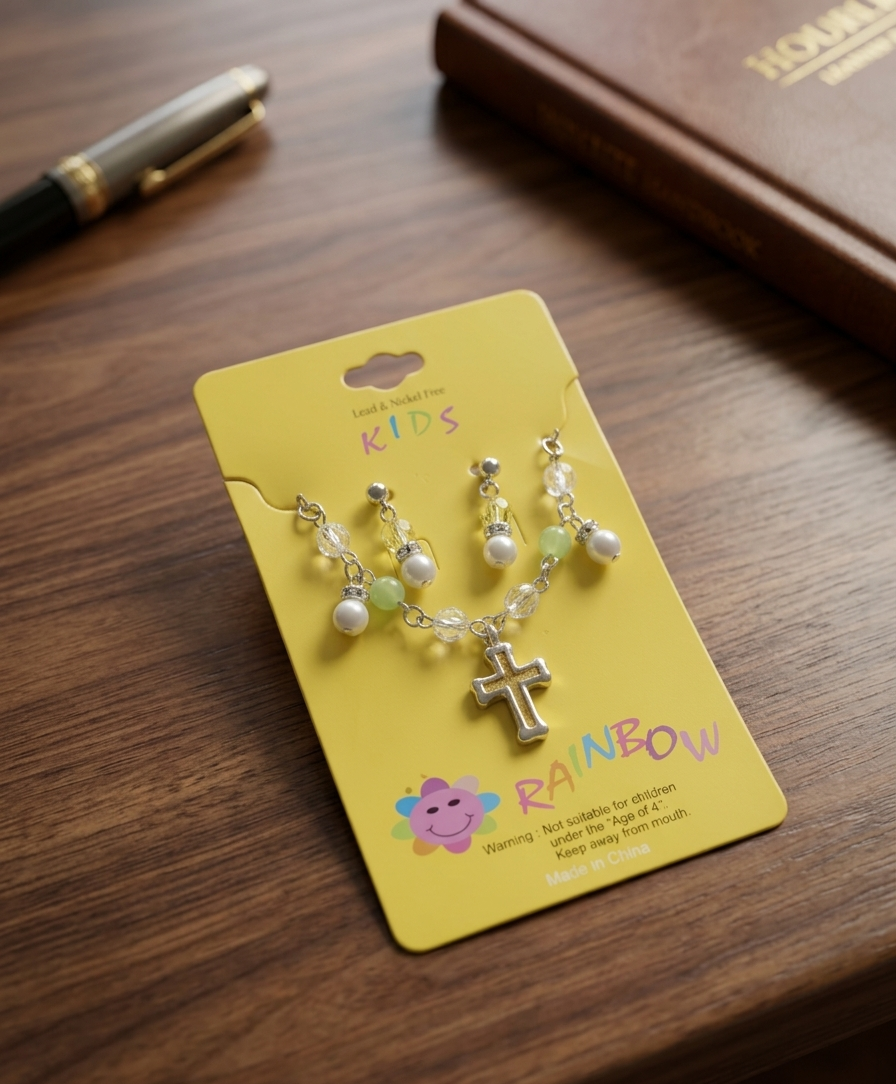 Girls Elegant Cross Pendant Necklace & Matching Dangle Earrings Set