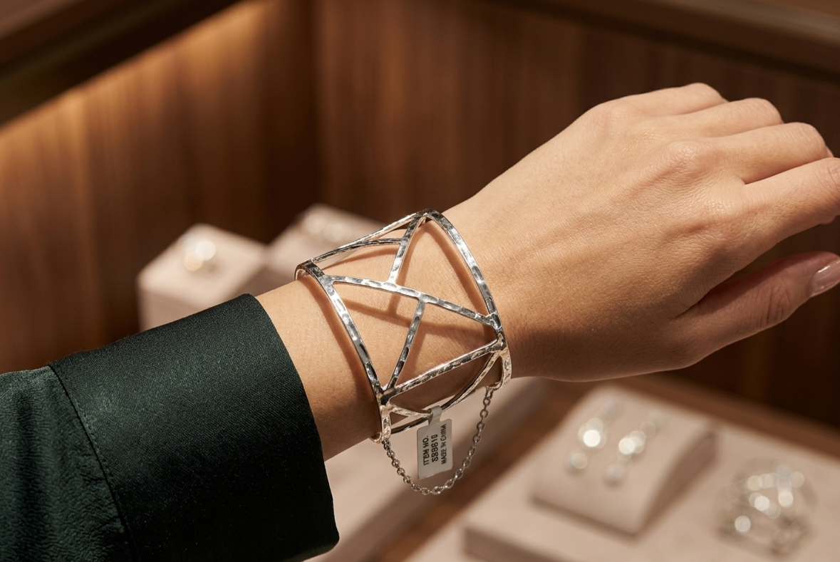 Modern Hammered Silver-Tone Geometric Open-Work Wide Cuff Bracelet