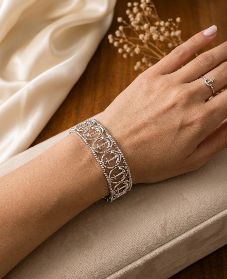 Vintage-Style Silver-Tone Nautical Anchor Filigree Panel Bracelet