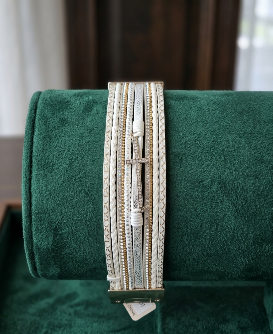 Ivory White & Gold Multi-Strand Crystal Cross Stack Bracelet
