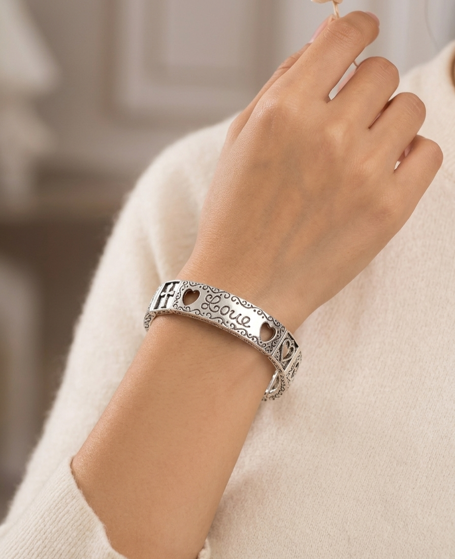 Vintage Antiqued Silver-Tone "Love" & Cross Stretch Panel Bracelet