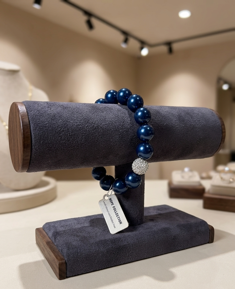 Midnight Blue Pearl Stretch Bracelet with Crystal Shimmer Accent Bead