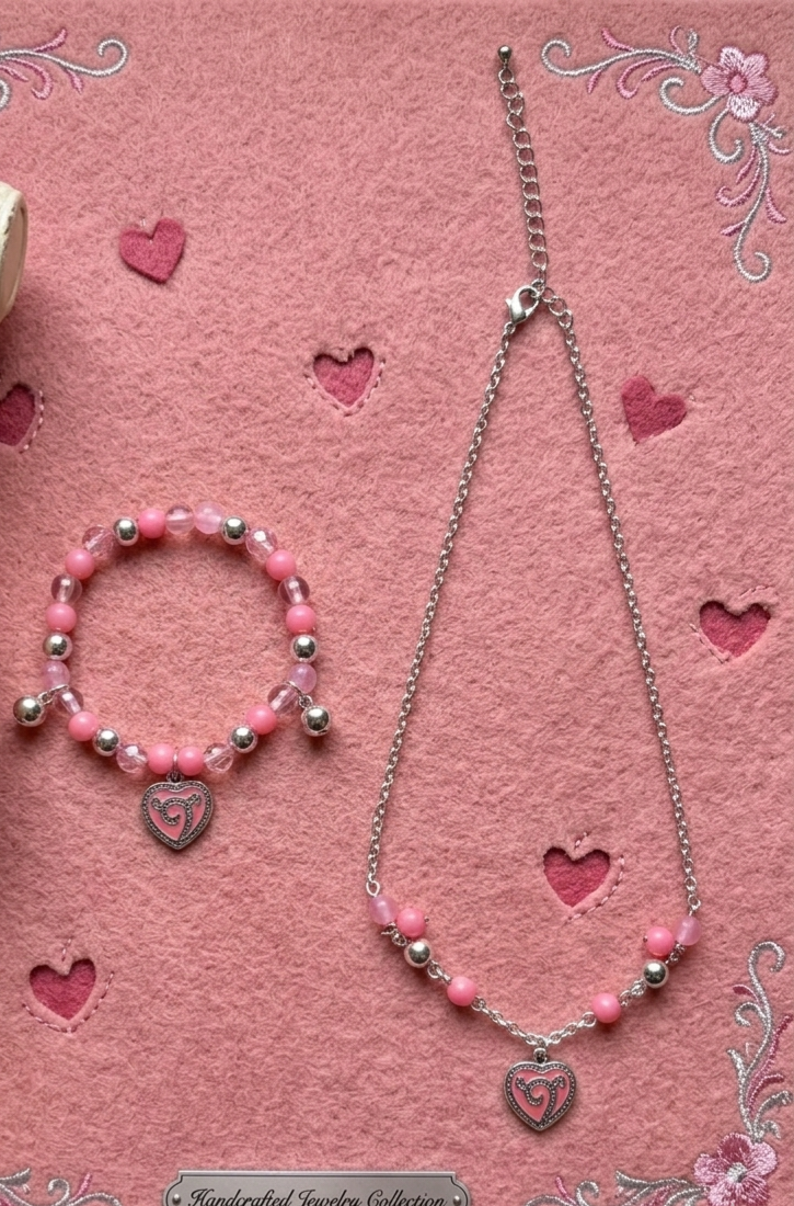 Girls Sweet Pink Heart Pendant Necklace & Matching Beaded Bracelet Set