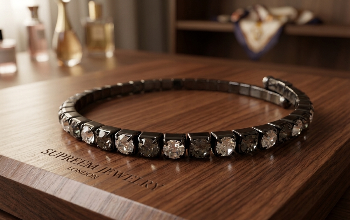 Midnight Noir and Clear Square-Cut Crystal Bypass Tennis Bangle