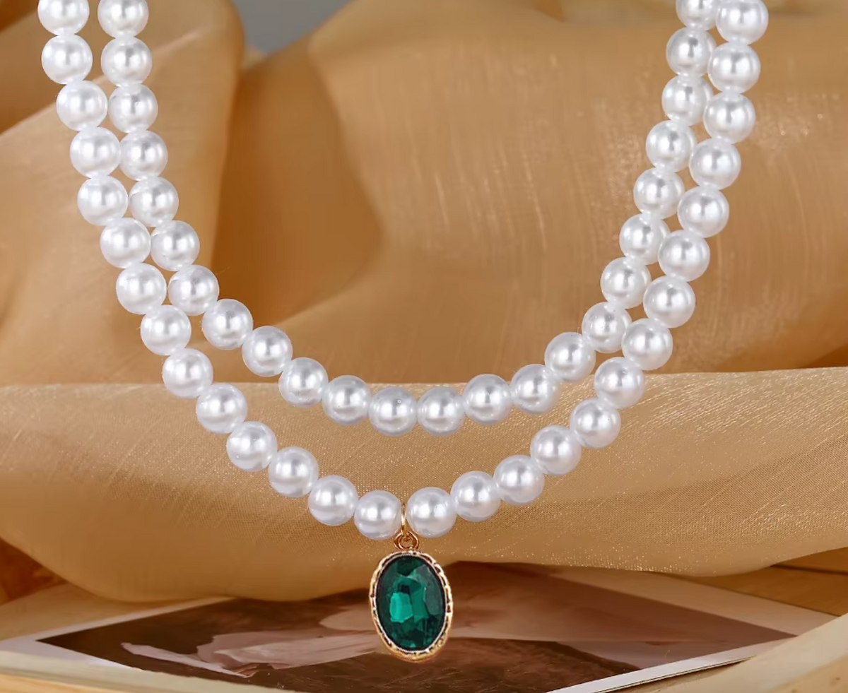 Elegant Double Strand Pearl Choker Necklace with Green Emerald Pendant Gold Tone