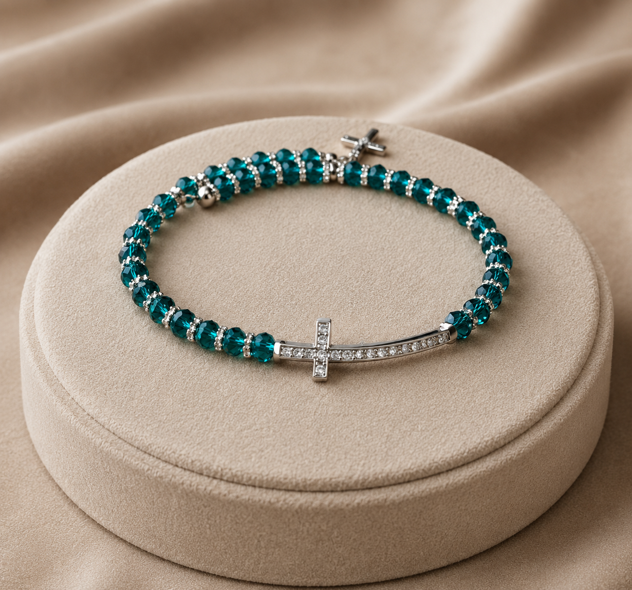 Ocean Teal Faceted Beaded Bracelet with Pavé Crystal Cross
