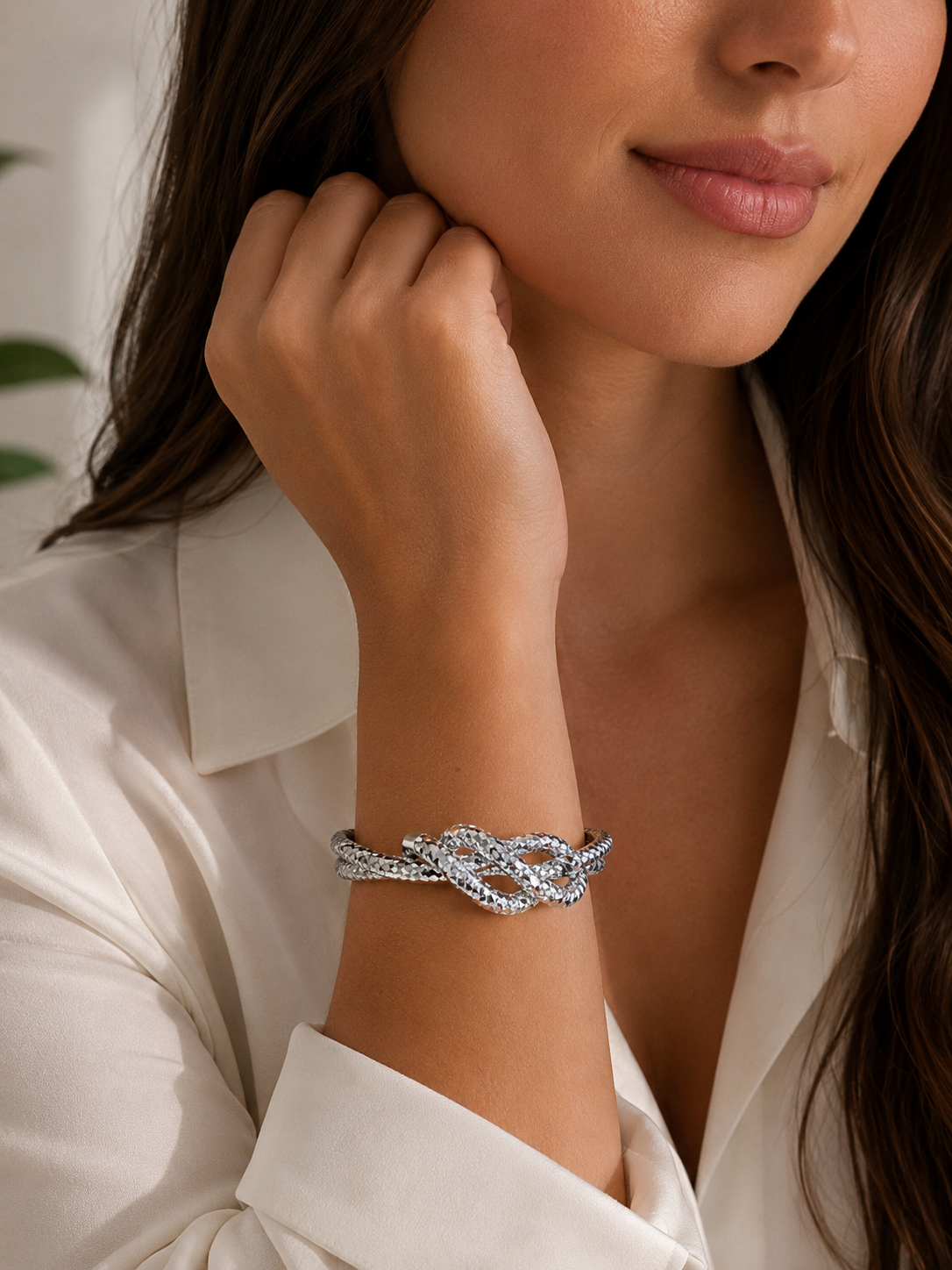Elegant Diamond-Cut Silver-Tone Infinity Love Knot Mesh Cuff Bracelet