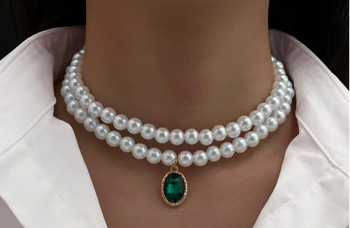 Elegant Double Strand Pearl Choker Necklace with Green Emerald Pendant Gold Tone
