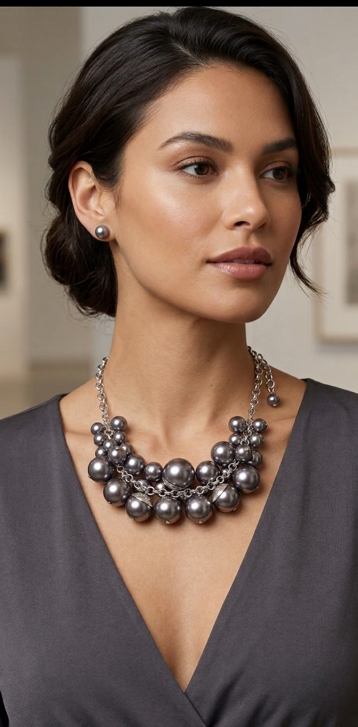 Elegant Gunmetal Pearl Cluster Necklace and Stud Earring Set