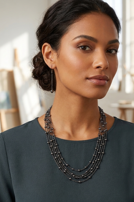 Multi-Strand Gunmetal Statement Necklace & Drop Earrings Set