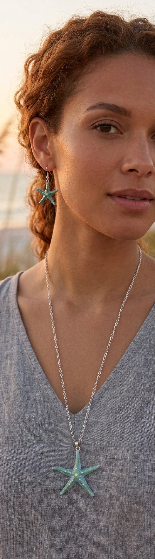 Coastal Elegance Silver Necklace Teal Starfish Pendant & Earring Set