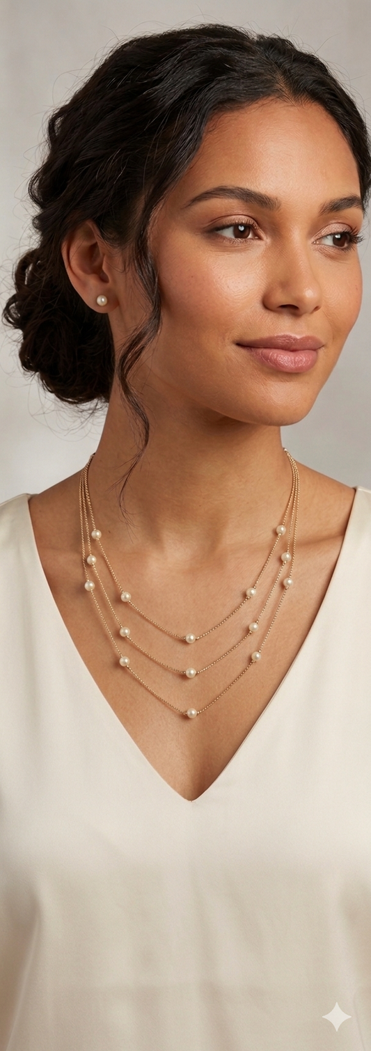 Timeless Elegance: Layered Gold & Pearl Necklace with Matching Studs Set
