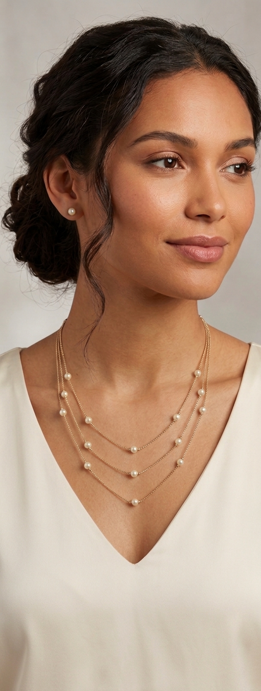 Timeless Elegance: Layered Gold & Pearl Necklace with Matching Studs Set