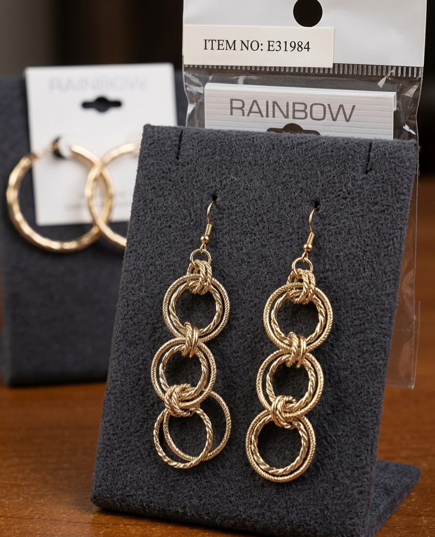Elegant Triple-Link Textured Gold Drop Earrings