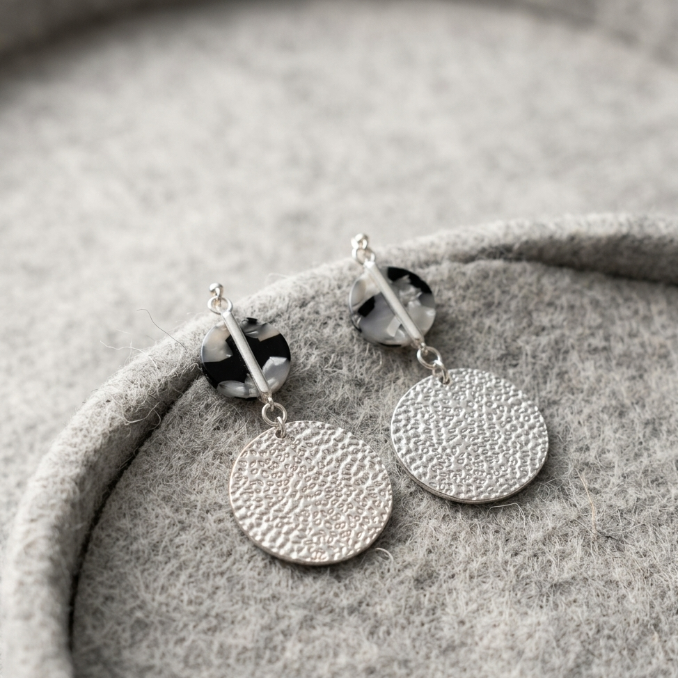 Modern Textured Silver Geometric Drop Earrings