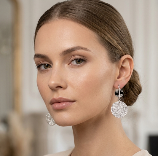 Textured-Silver-Geometric-Drop-round-Earrings