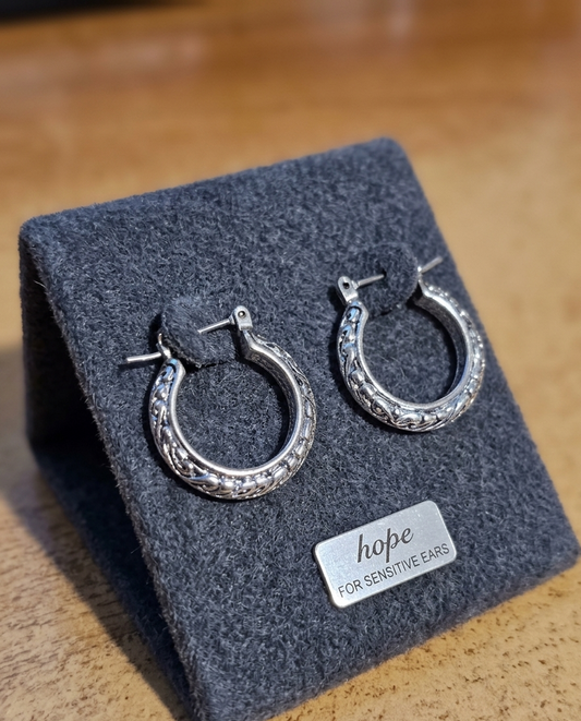 Antique Silver Ornate Scrollwork Small Hoop Earrings