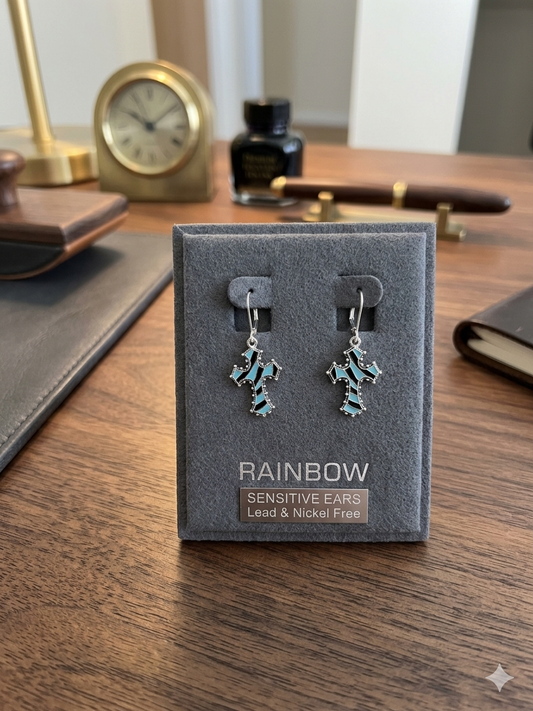 Vibrant Silver Turquoise & Black Striped Cross Drop Earrings