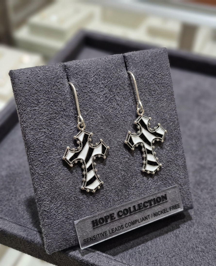 Chic Silver Black & White Striped Cross Drop Earrings