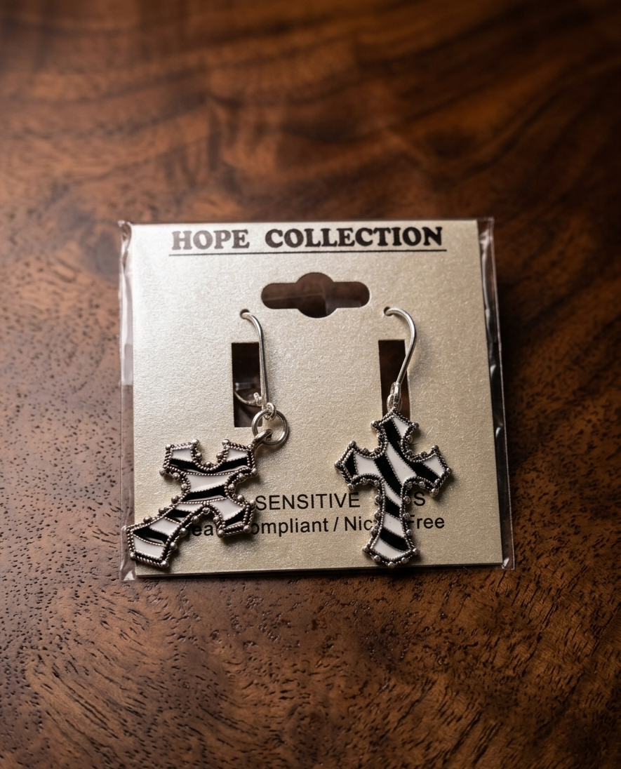 Chic Silver Black & White Striped Cross Drop Earrings