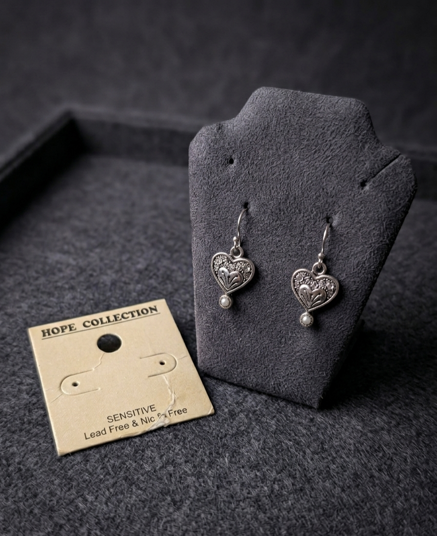 Antique Silver Ornate Heart Drop Earrings with Pearl Accent