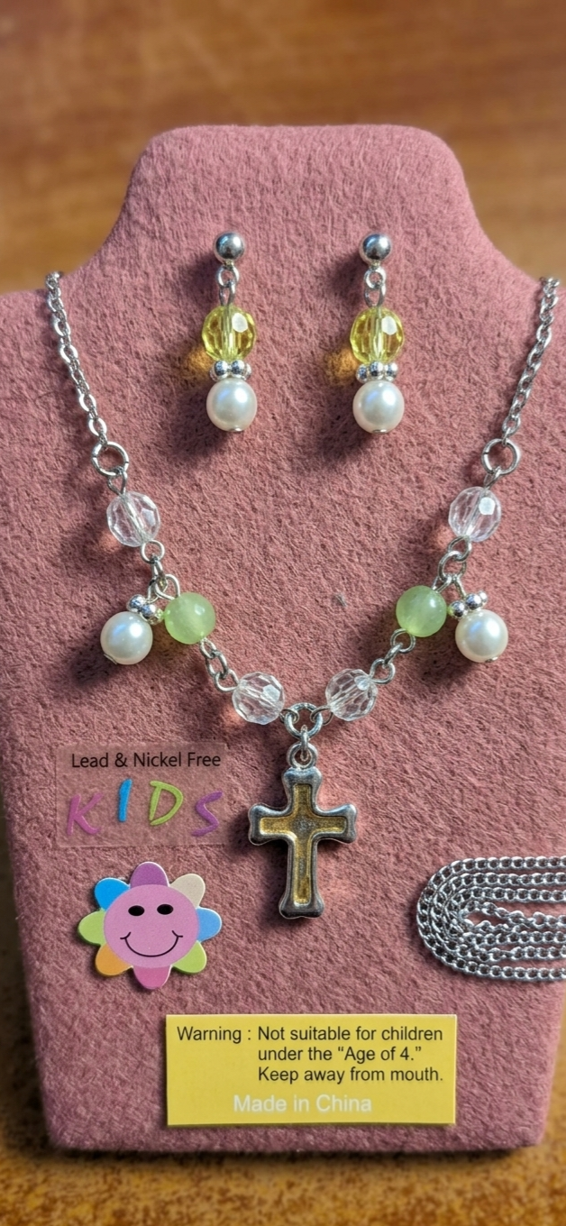 Girls Elegant Cross Pendant Necklace & Matching Dangle Earrings Set