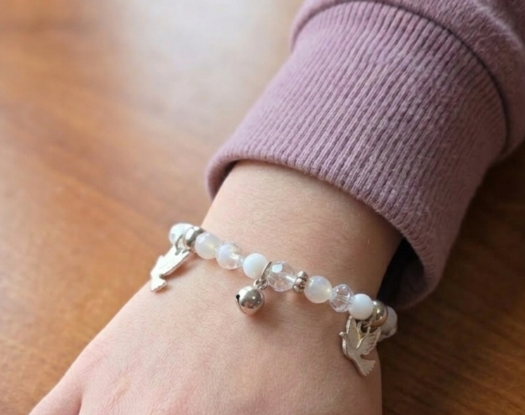 Girls "Gift of Hope" Handcrafted White & Silvertone Dove Charm Bracelet