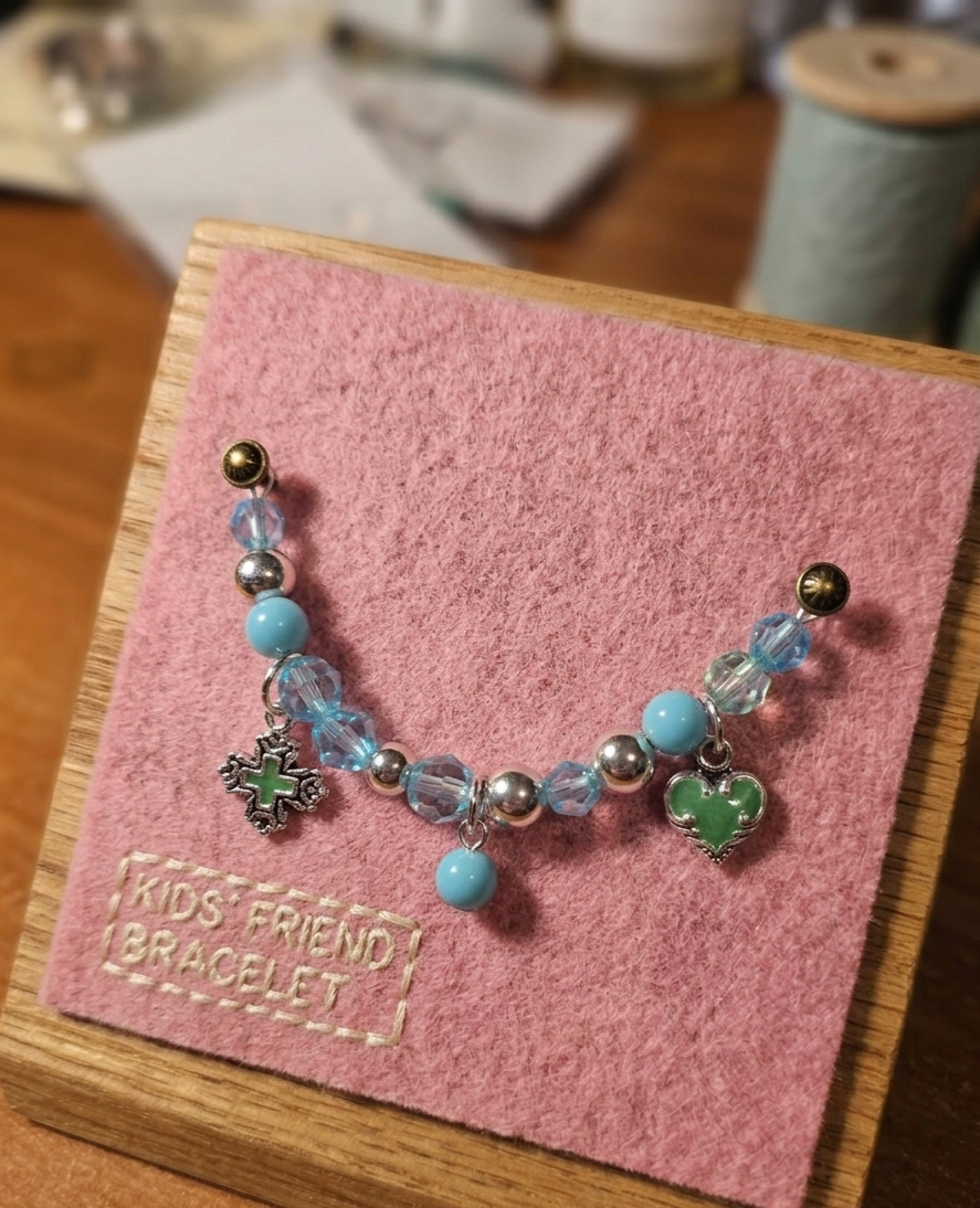 Girls "Friend" Blue Crystal Cross & Green Heart Charm Bracelet