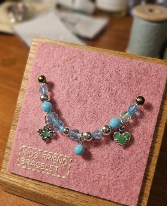 Girls "Friend" Blue Crystal Cross & Green Heart Charm Bracelet