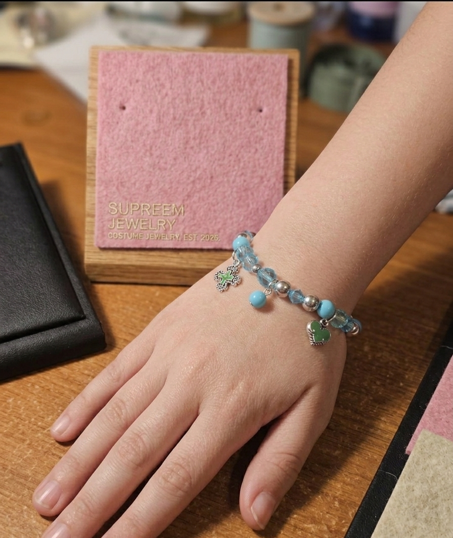 Girls "Friend" Blue Crystal Cross & Green Heart Charm Bracelet