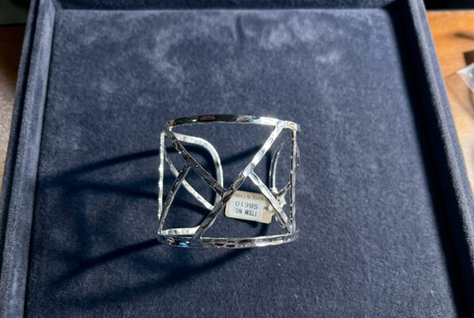Modern Hammered Silver-Tone Geometric Open-Work Wide Cuff Bracelet