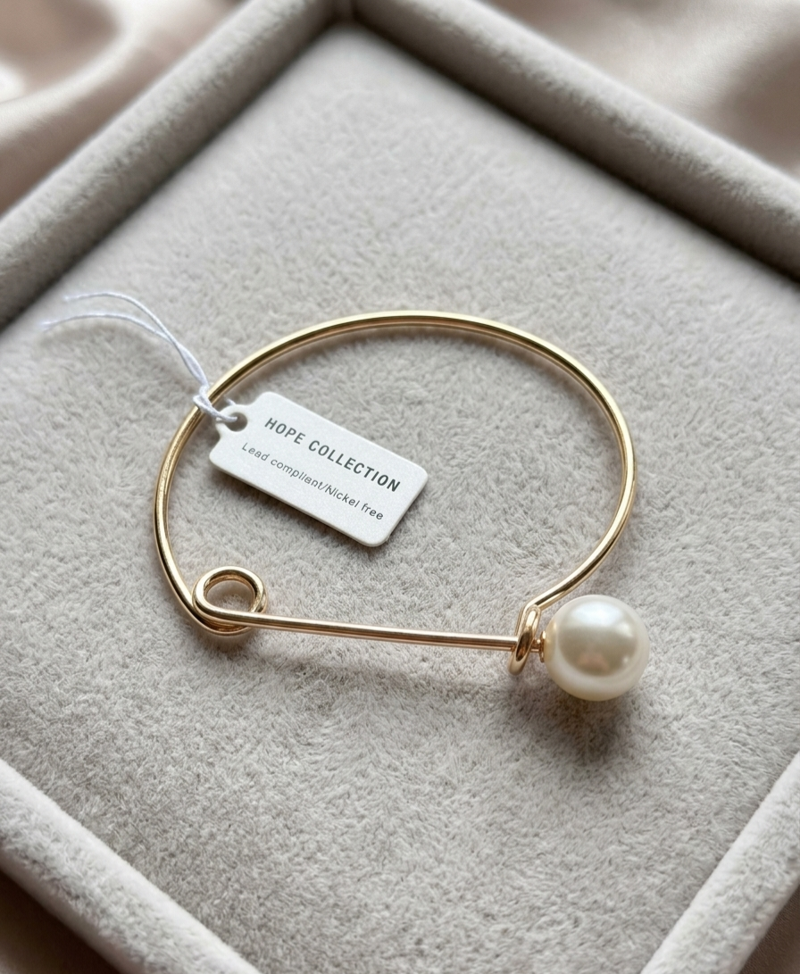 Minimalist Gold-Tone Safety Pin Pearl Bangle Bracelet