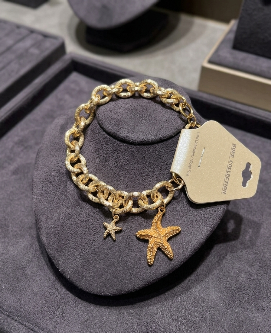 Gold-Tone Textured Link Starfish Charm Bracelet