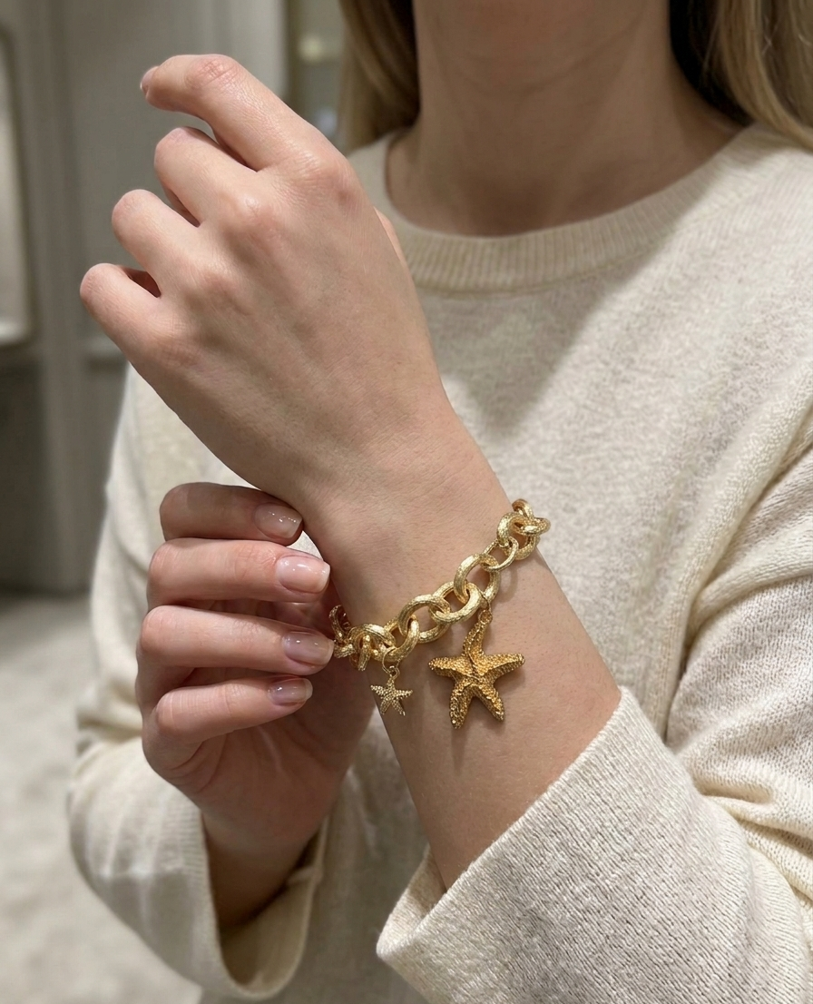 Gold-Tone Textured Link Starfish Charm Bracelet