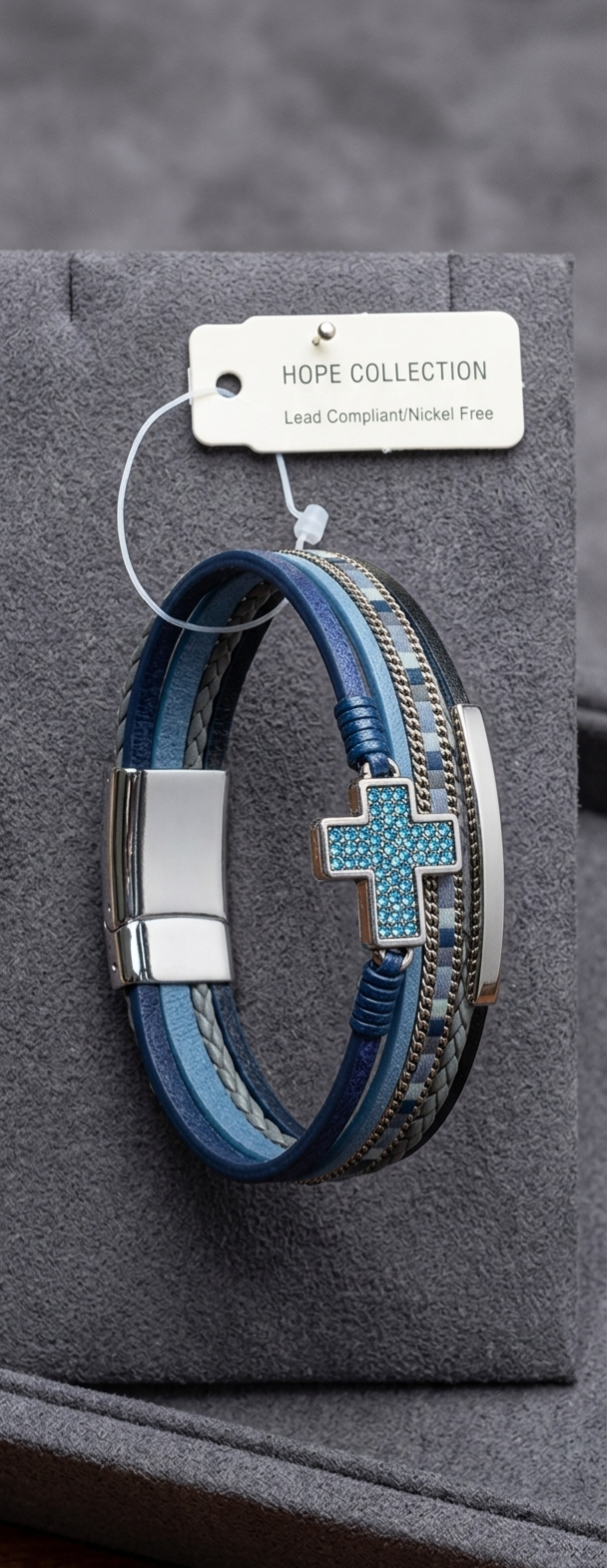 Deep Blue Multi-Layer Leather & Crystal Cross Stack Bracelet