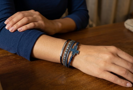 Deep Blue Multi-Layer Leather & Crystal Cross Stack Bracelet