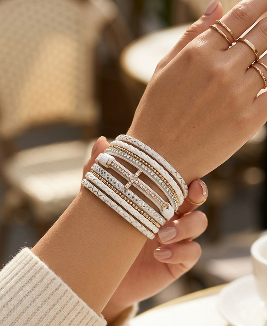 Ivory White & Gold Multi-Strand Crystal Cross Stack Bracelet