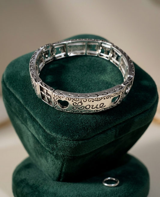 Vintage Antiqued Silver-Tone "Love" & Cross Stretch Panel Bracelet
