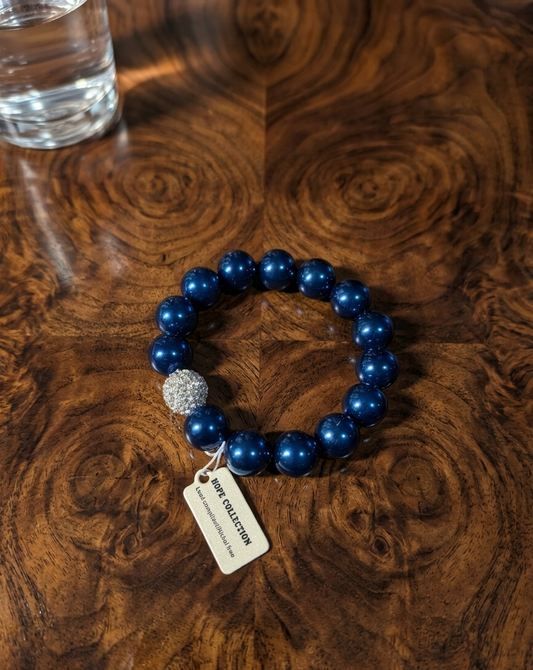 Midnight Blue Pearl Stretch Bracelet with Crystal Shimmer Accent Bead