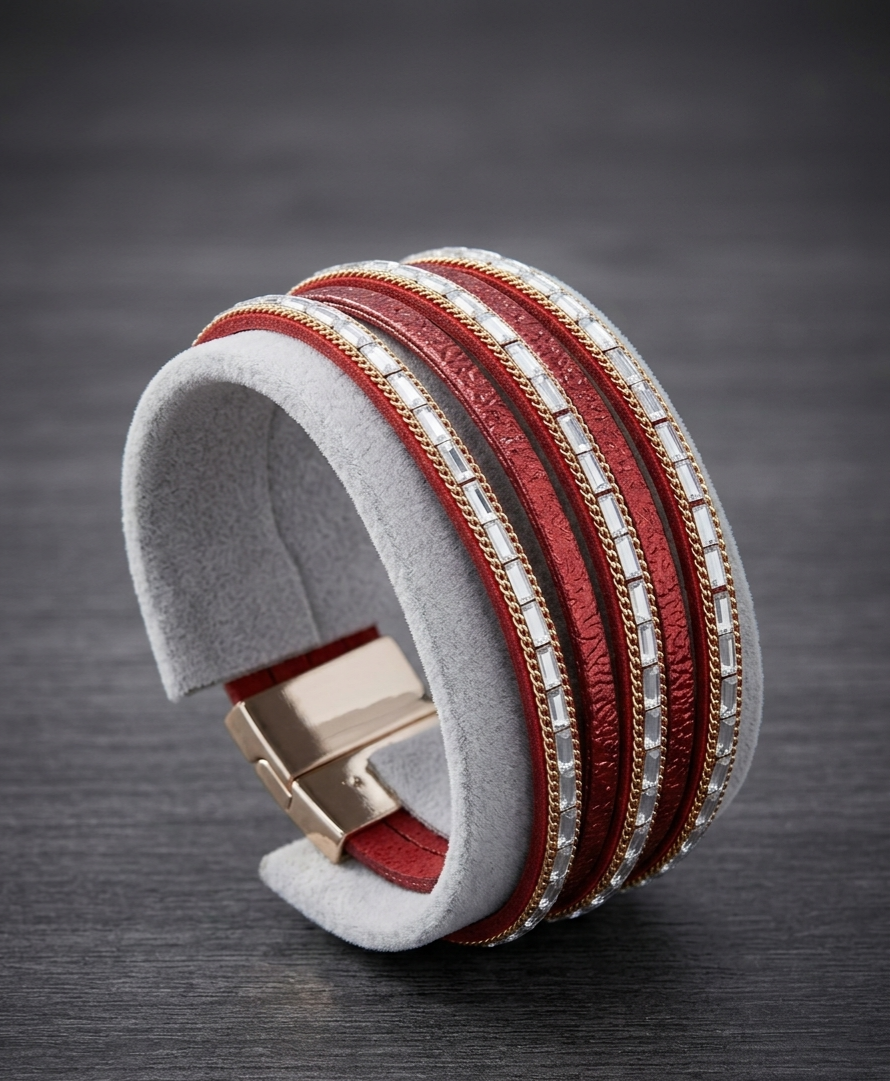 Crimson & Gold Multi-Strand Crystal Statement Cuff Bracelet