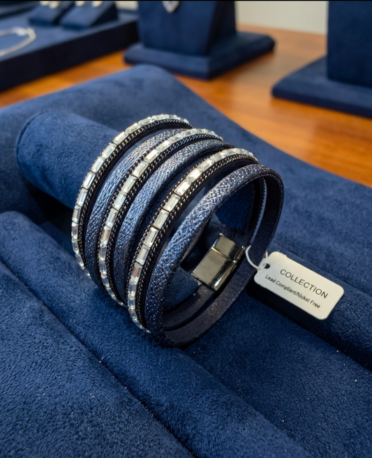 Elegant Navy & Crystal 6-Strand Statement Cuff Bracelet