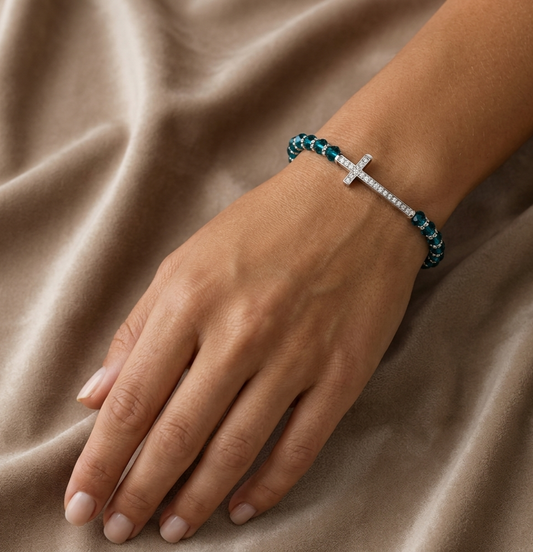 Ocean Teal Faceted Beaded Bracelet with Pavé Crystal Cross