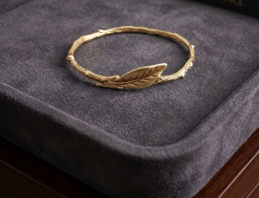 Botanical Gold-Tone Textured Twig Bangle with Leaf Accent