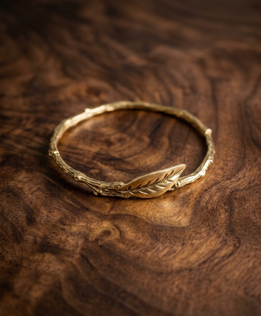 Botanical Gold-Tone Textured Twig Bangle with Leaf Accent