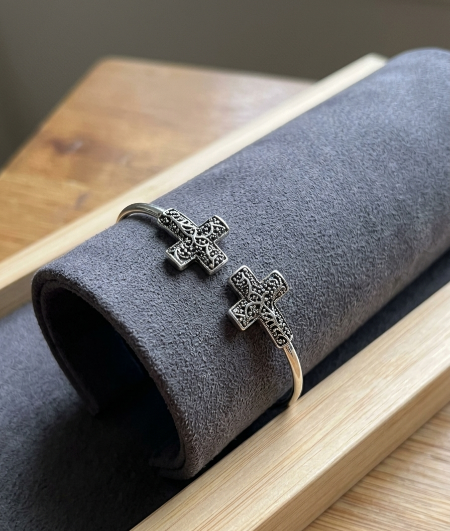 Vintage Silver Double Cross Textured Torque Bangle