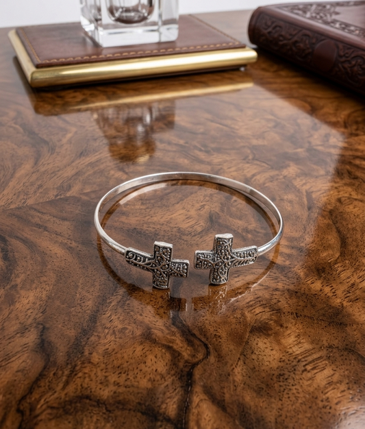 Vintage Silver Double Cross Textured Torque Bangle