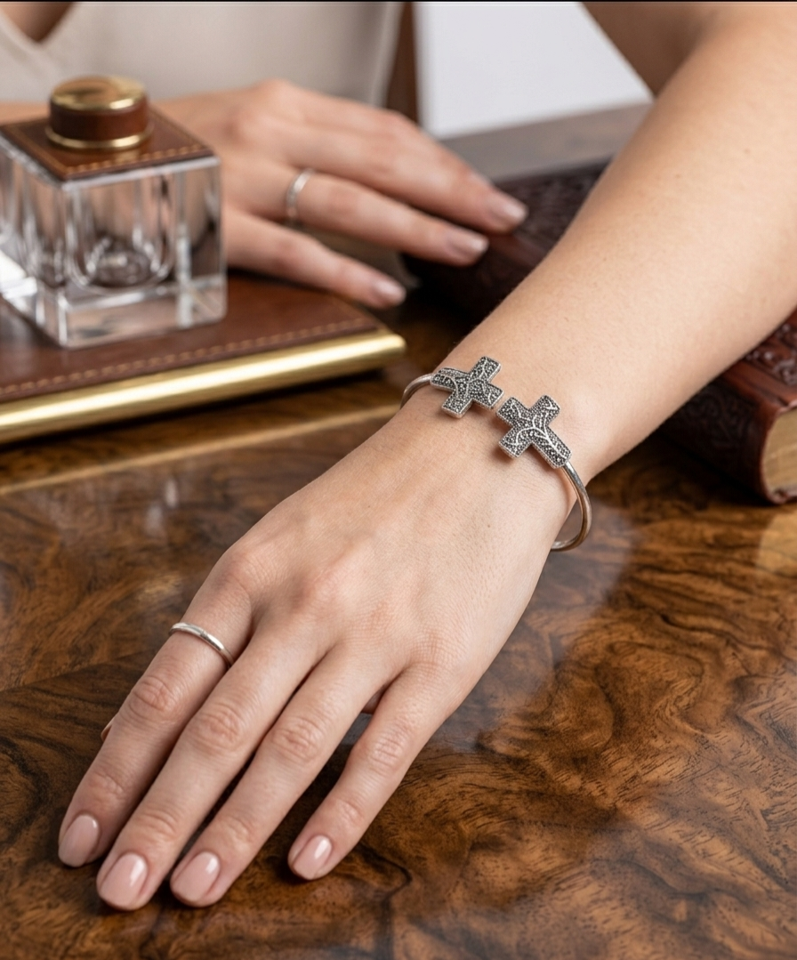 Vintage Silver Double Cross Textured Torque Bangle