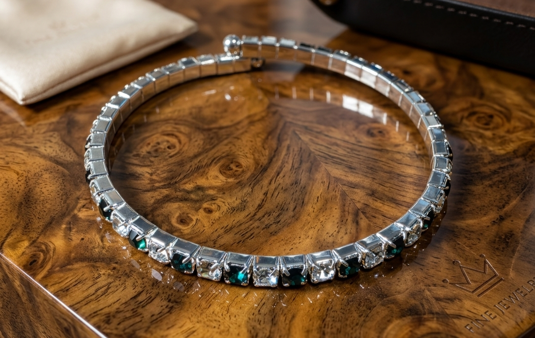 Emerald & Diamond Clear Alternating Bypass Tennis Bracelet