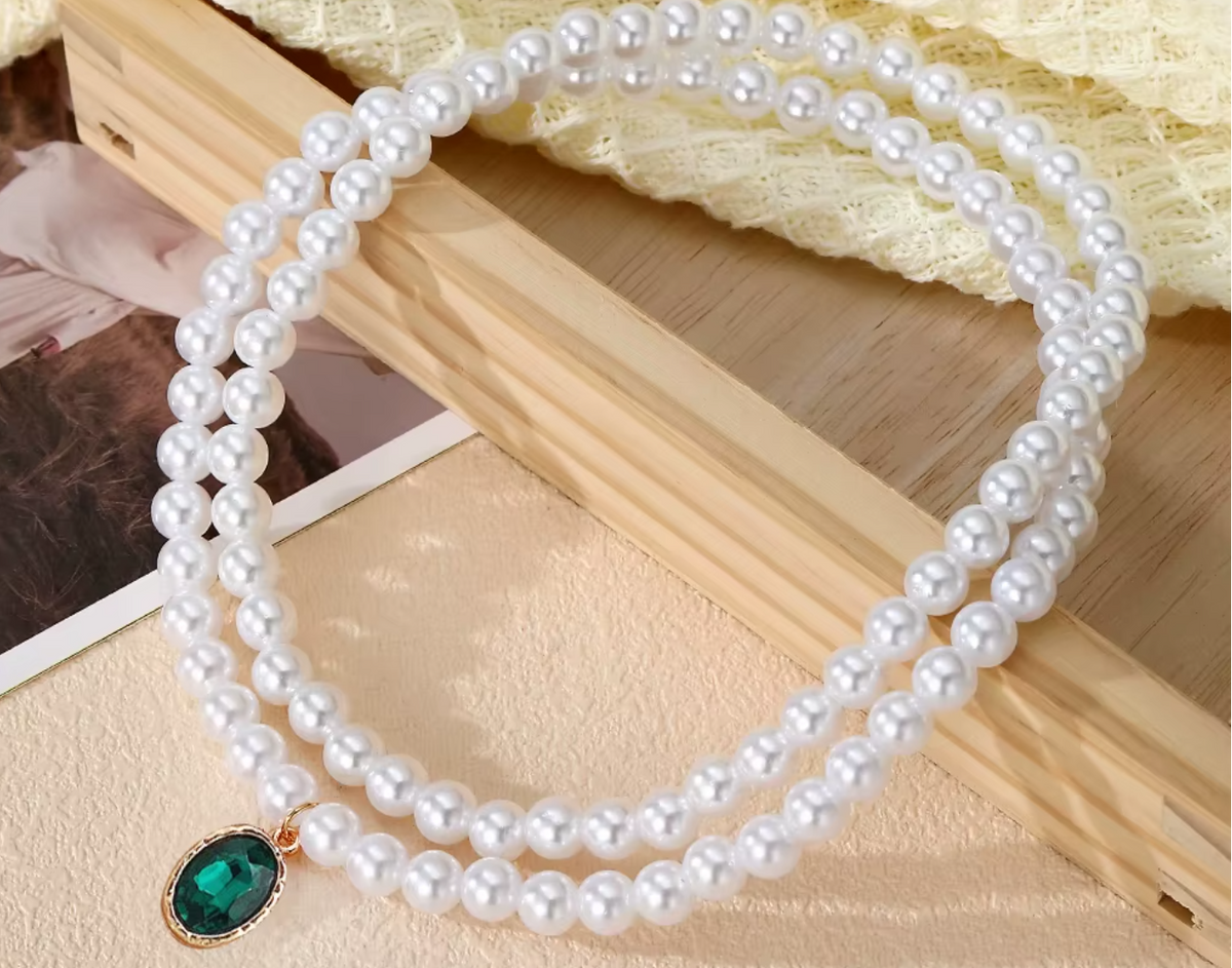 Elegant Double Strand Pearl Choker Necklace with Green Emerald Pendant Gold Tone