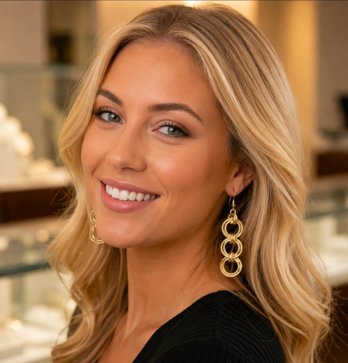 Elegant Triple-Link Textured Gold Drop Earrings